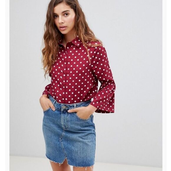 Guess L Red Textured Polka Dot Romantic Sheer Short Sleeve Collared Blouse - Picture 16 of 16